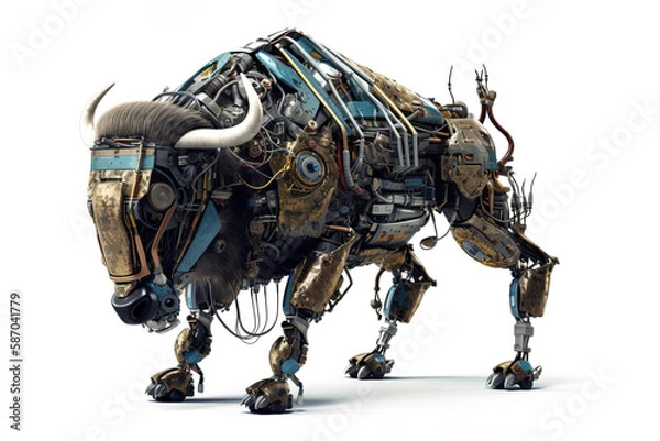 Fototapeta Image of a bison cow modified into a robot on a white background. Wild animal. illustration, generative AI
