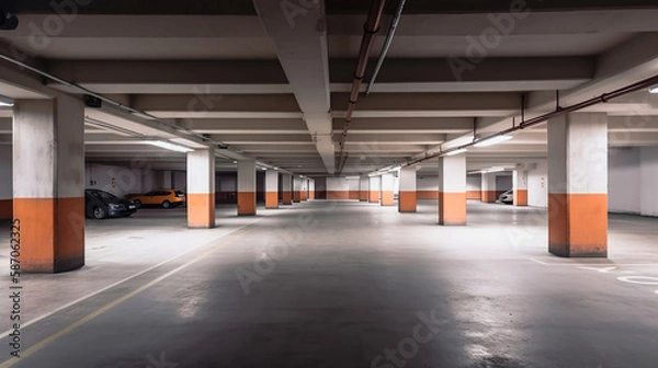 Fototapeta Empty shopping mall underground parking lot or garage interior with concrete stripe painted columns. Generative Ai