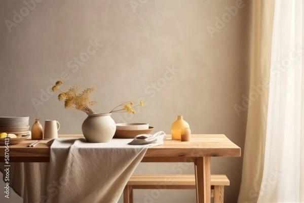 Fototapeta Stylish beige interior of dining room with design wooden table and vase with flowers