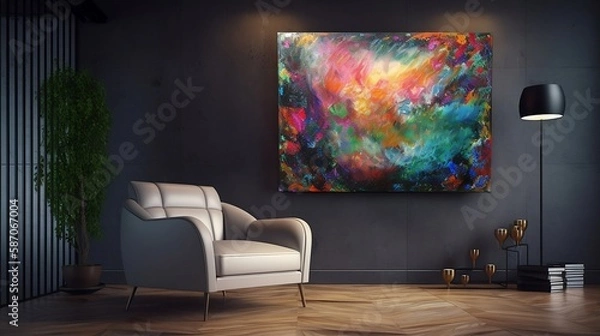 Fototapeta sofa with vibrant and eye-catching art on simple plain wall background - ideal for real estate photography and interior design. generative ai