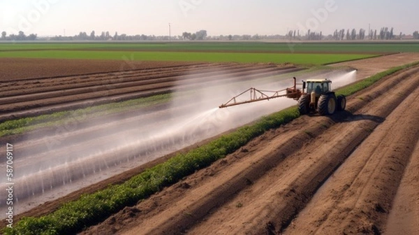 Fototapeta Social issues. Heavy use of pesticides, chemicals in agriculture, showing the impact on nearby waterways or soil quality. Generative ai.