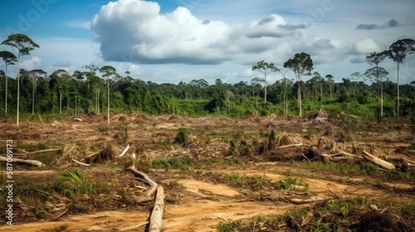 Fototapeta Social issues. Long-term impact of deforestation in a particular area. Generative ai.