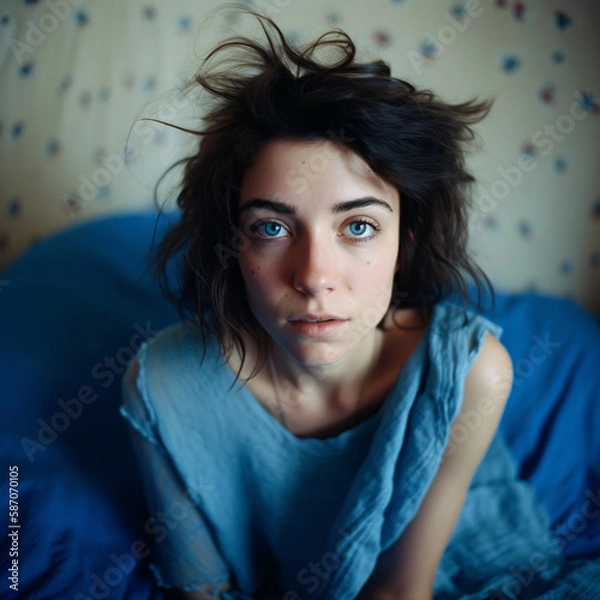Fototapeta Looking down from the ceiling, we see a beautiful young , incredibly skinny girl looking up at us from her soft white bed in her plain bedroom, generative ai