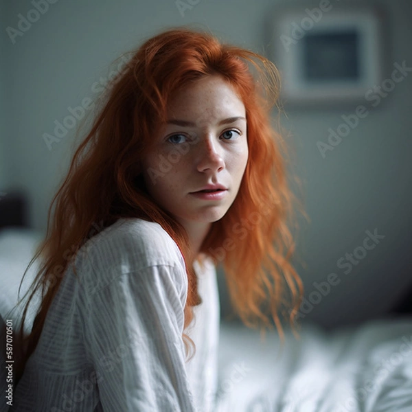 Fototapeta Looking down from the ceiling, we see a beautiful young , incredibly skinny girl looking up at us from her soft white bed in her plain bedroom, generative ai