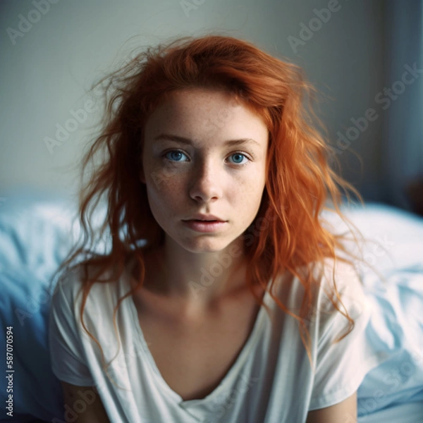 Fototapeta Looking down from the ceiling, we see a beautiful young , incredibly skinny girl looking up at us from her soft white bed in her plain bedroom, generative ai