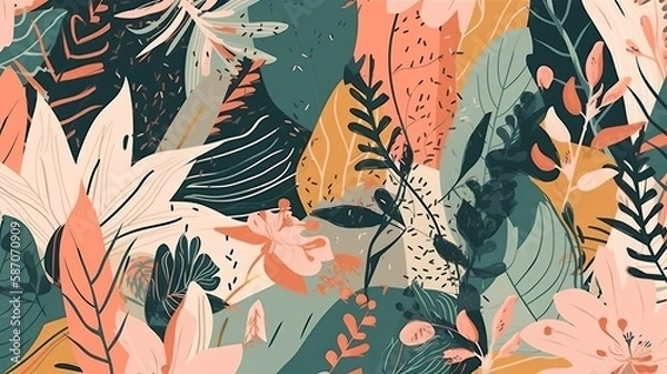 Fototapeta Modern colorful tropical floral pattern. Cute botanical abstract contemporary seamless pattern. Hand drawn unique print. generative ai