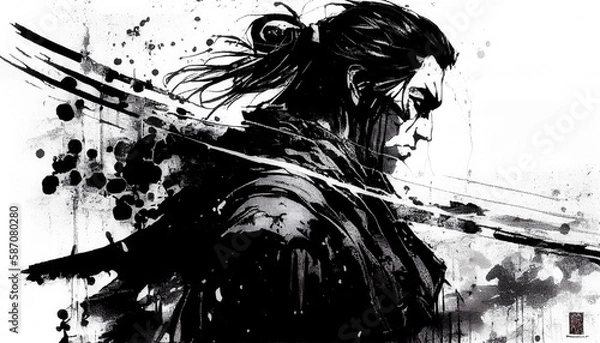 Obraz black and white samurai ink portrait - by generative ai