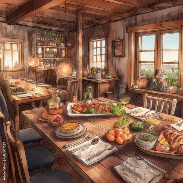 Fototapeta A sustainable, farm to table restaurant café. A generative AI illustration.