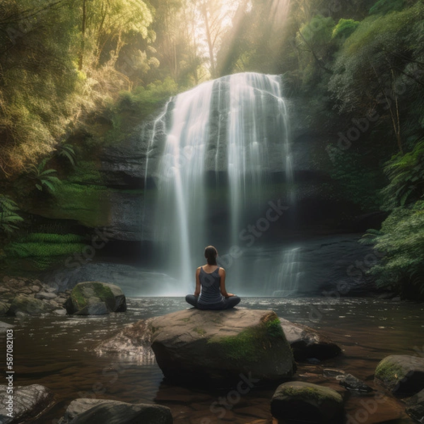 Fototapeta AI Generative image of a woman meditating at the base of a forest waterfall