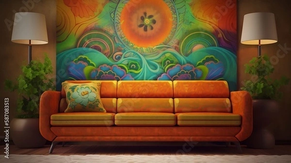 Obraz sofa with nostalgic 90's theme with vibrant and eye-catching psychedelic art on simple plain wall background - ideal for real estate photography and interior design. generative ai
