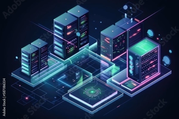 Fototapeta futuristic city with neon lights and towering buildings. Generative AI