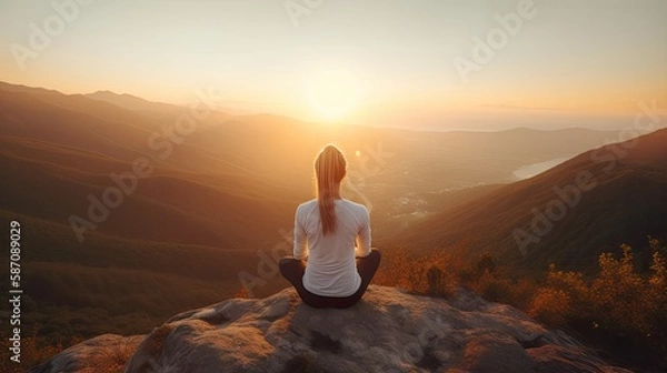 Fototapeta Eine Frau betreibt Meditation auf einem Stein in den Bergen beim Sonnenuntergang, created with Generative AI technology