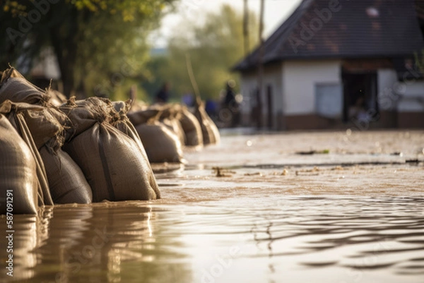 Fototapeta Close shot of flood Protection Sandbags with flooded homes in the background. - AI Generated