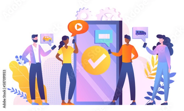 Fototapeta People with smartphone. Men and women near phone screen. Gadgets and devices modern technology. Female and male characters in social networks and messengers. Cartoon flat vector illustration