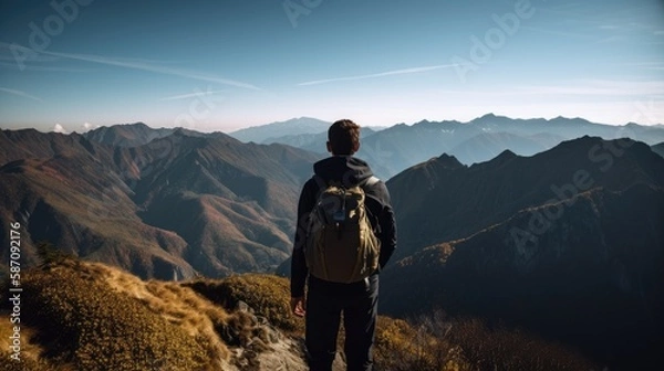 Fototapeta backside of a satisfied hiker looking at mountains and valley, ai generated