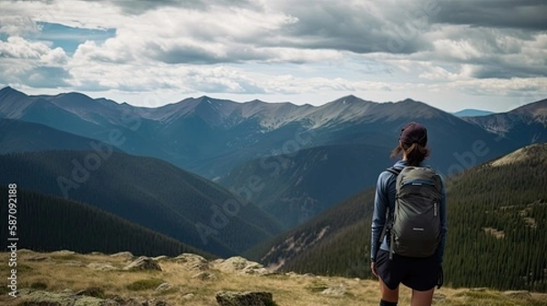 Fototapeta backside of a satisfied hiker looking at mountains and valley, ai generated