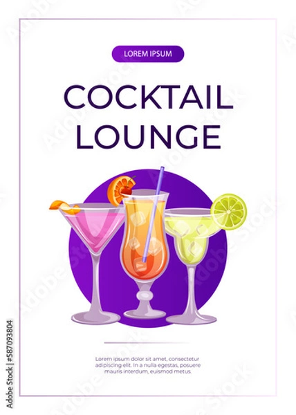 Fototapeta Promo flyer with classic cocktails cosmopolitan, margarita, sex on the beach. Italian aperitif. Alcoholic beverage drinks bar menu.  Holidays, summer vacation, party, recreation. A4 for poster, banner