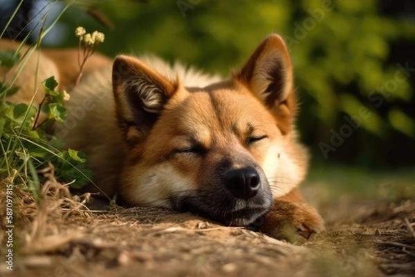 Fototapeta A sleeping dog on the ground. Generative AI