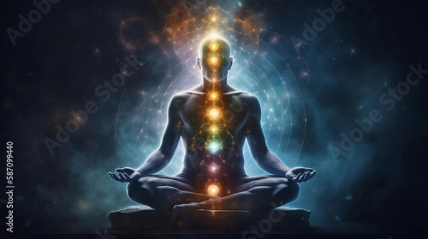 Fototapeta Concept of meditation and spiritual practice, expanding of consciousness, chakras and astral body activation, mystical inspiration image. Generative ai