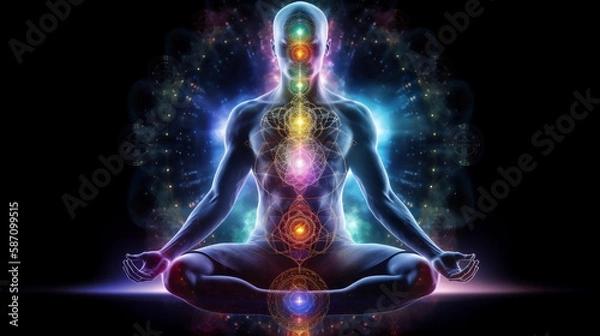 Fototapeta Concept of meditation and spiritual practice, expanding of consciousness, chakras and astral body activation, mystical inspiration image. Generative ai