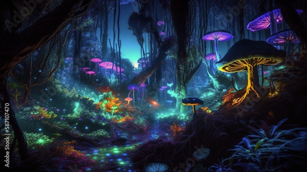 Fototapeta Vibrant Night Forest with Colorful Glowing Plants and Bright Shining Mushrooms, generative ai