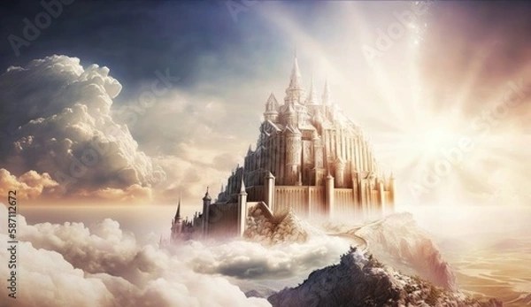Fototapeta Abstract kingdom of heaven. Palace in the sky. Castle in the sky with sunset rays.