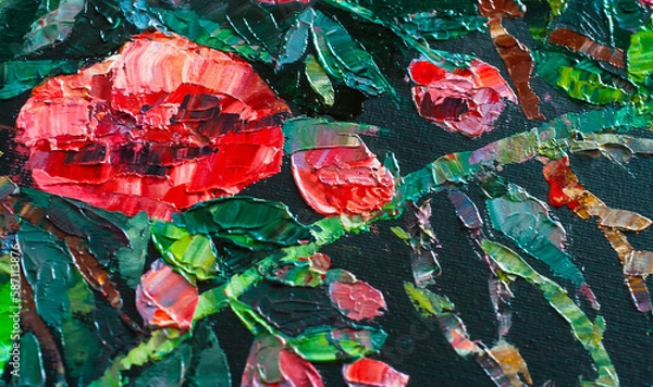 Fototapeta Oil painting pattern with red poppies closeup