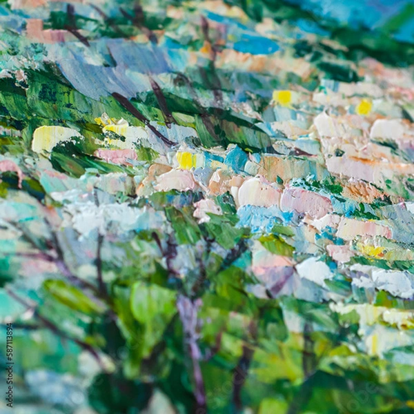 Fototapeta Abstract oil painting background close-up in yellow, blue and green tones