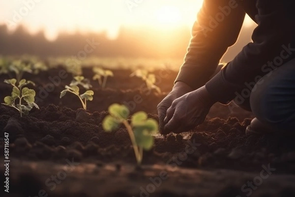 Fototapeta Male hands touching soil on the field during sunset. Farmer is checking soil quality before sowing Generative AI