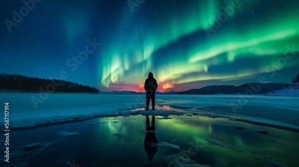 Fototapeta standing at the edge of a frozen lake with northern lights dancing in the sky