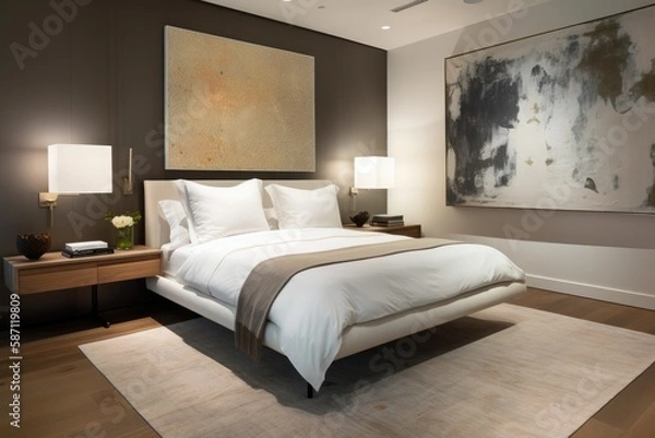 Fototapeta Bedroom: As you walk into the bedroom, you see a low platform bed with white bedding and a single piece of abstract art on the wall.  Generative ai.