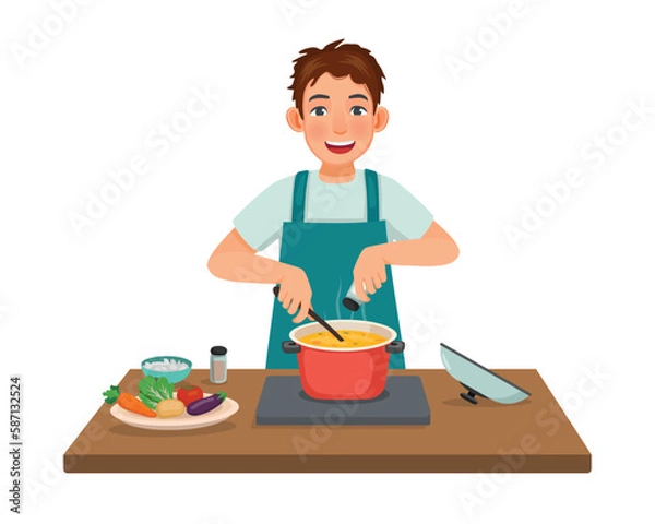Fototapeta Young man cooking delicious vegetable soup with pan adding spices in the kitchen