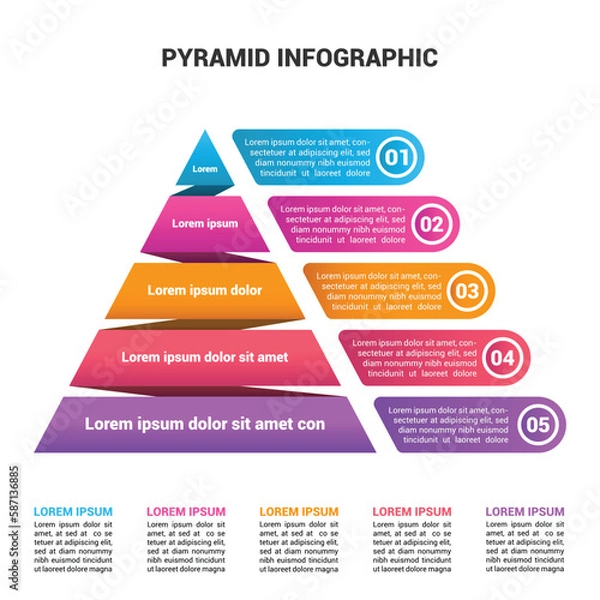 Fototapeta Pyramid Infographic, funnel pyramid business infographic with 5 charts. Template can be edited, recolored, editable. EPS Vector	
