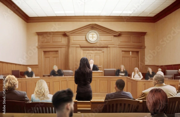 Fototapeta attester talking to magistrate in court. the law adjustment concept.power Law by judicial scales symbol on trial court background