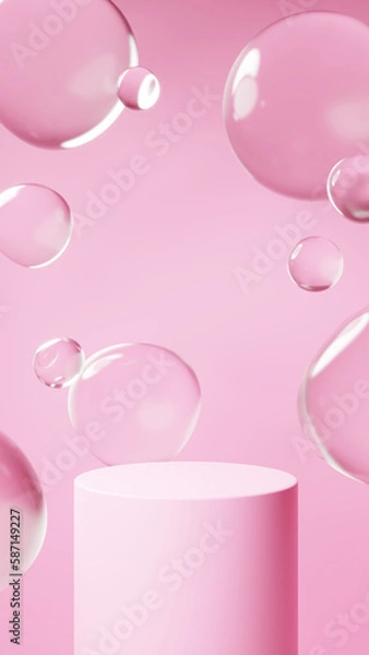 Obraz ピンクの背景に浮かぶたくさんの水滴。台座の背景素材。（縦長）