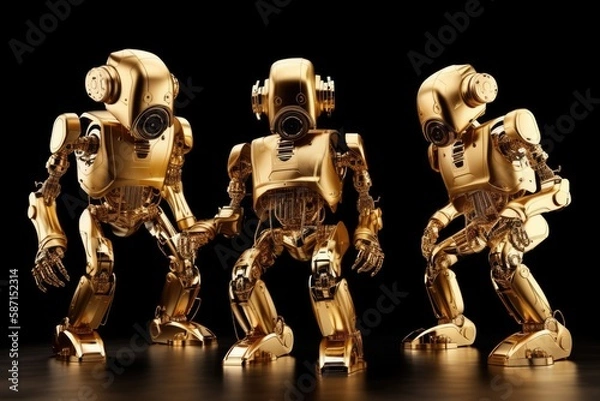 Obraz group of shiny gold robots standing together in a futuristic setting. Generative AI