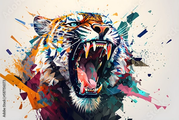 Fototapeta Abstract colorful tiger with polygon, open mouth fiercely. White background
Generative AI. 
