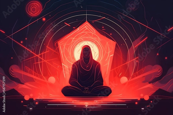 Fototapeta A monk sits in lotus pose in the sunset, person practices yoga and meditation radiating energy. Abstract illustration.
Generative AI.