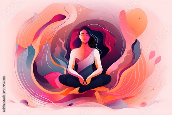 Fototapeta A woman sits in lotus pose, person practices yoga and meditation radiating energy. Abstract illustration.
Generative AI.