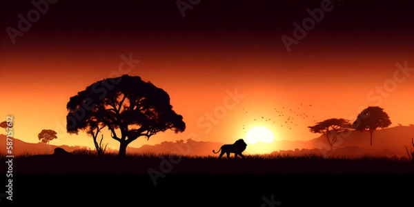 Fototapeta African landscape at sunset with silhouette of a big adult lion roaring. National geographic. 
Generative AI. 