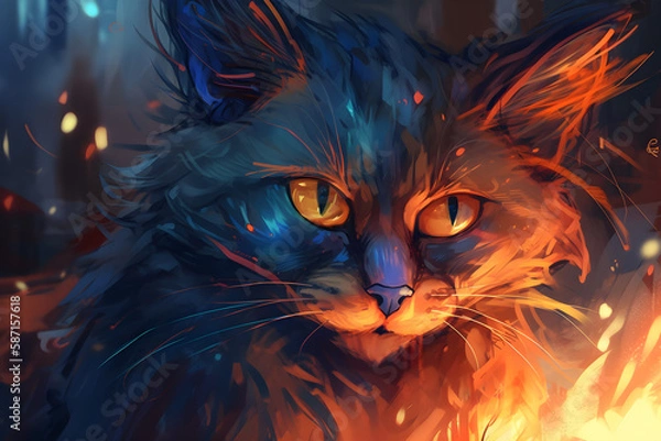 Fototapeta Anime cat portrait with rage in the eyes, oil painting, fire in the eye, orange blue theme.
Generative AI. 