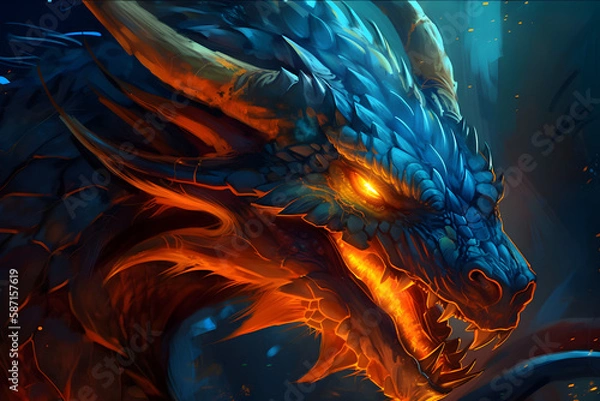 Fototapeta Anime dragon portrait with rage in the eyes, oil painting, fire in the eye, orange blue theme.
Generative AI. 