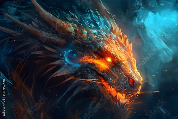 Fototapeta Anime dragon portrait with rage in the eyes, oil painting, fire in the eye, orange blue theme.
Generative AI. 