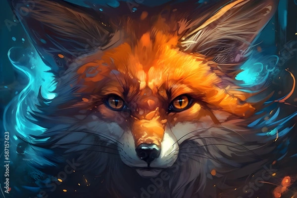 Fototapeta Anime fox portrait with rage in the eyes, oil painting, fire in the eye, orange blue theme.
Generative AI. 