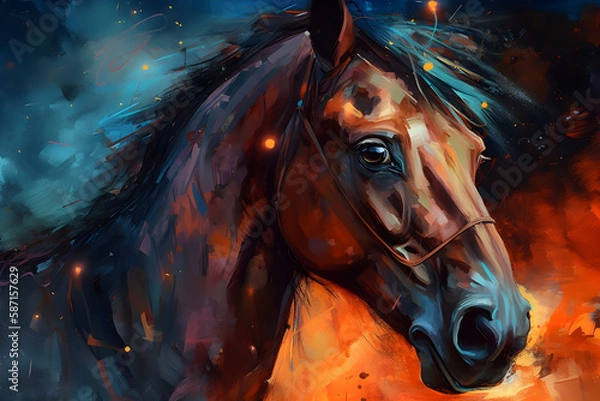 Fototapeta Anime horse portrait with rage in the eyes, oil painting, fire in the eye, orange blue theme.
Generative AI. 