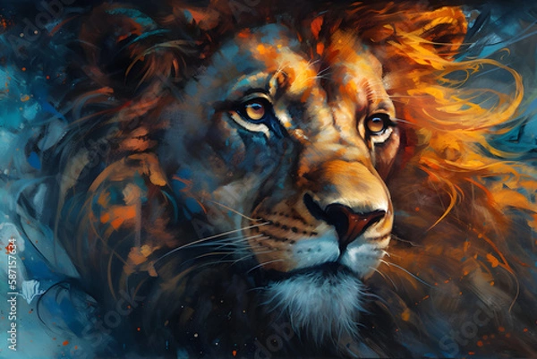 Fototapeta Anime lion portrait with rage in the eyes, oil painting, fire in the eye, orange blue theme.
Generative AI. 