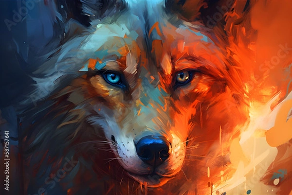 Fototapeta Anime wolf portrait with rage in the eyes, oil painting, fire in the eye, orange blue theme.
Generative AI. 