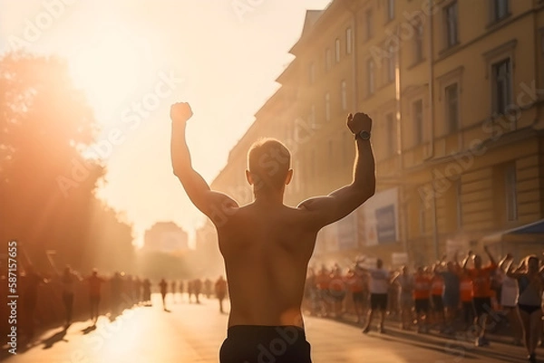 Fototapeta Back view, professional marathon runner rejoices in the victory crossing the finish line, blurred crowd in celebration, stunning sunlight. 
Generative AI. 