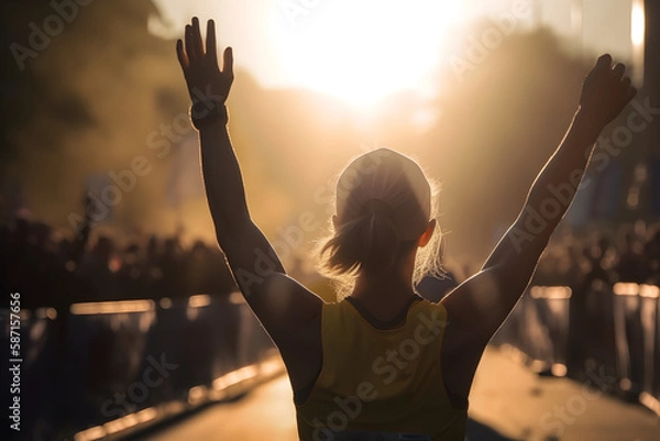 Fototapeta Back view, professional female marathon runner rejoices in the victory crossing the finish line, blurred crowd in celebration, stunning sunlight. 
Generative AI. 
