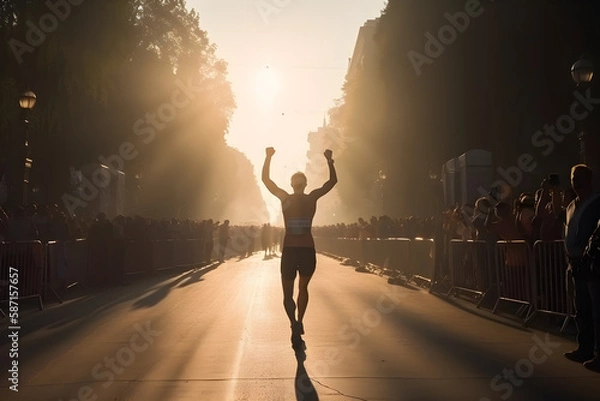 Fototapeta Back view, professional marathon runner rejoices in the victory crossing the finish line, blurred crowd in celebration, stunning sunlight. 
Generative AI. 